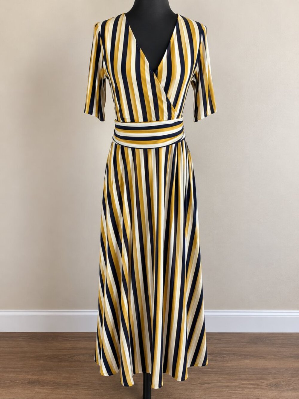 Boden Kassidy Jersey Midi Dress 8R Mustard Yellow Blue Stripe Faux Wrap